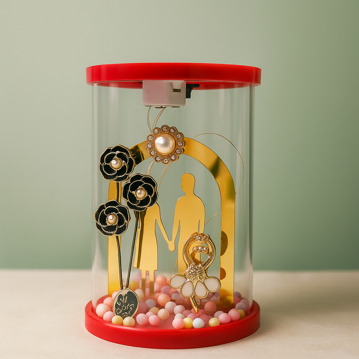 Romantic Couple Dome LED Night Lamp with Artificial Flowers & Pastel Beads | Transparent Acrylic Cylinder Gift Light | Decorative Showpiece for Bedroom, Living Room & Gifting – Warm Light, Battery Operated