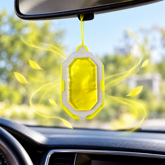 Hanging gel based bathroom air freshener.