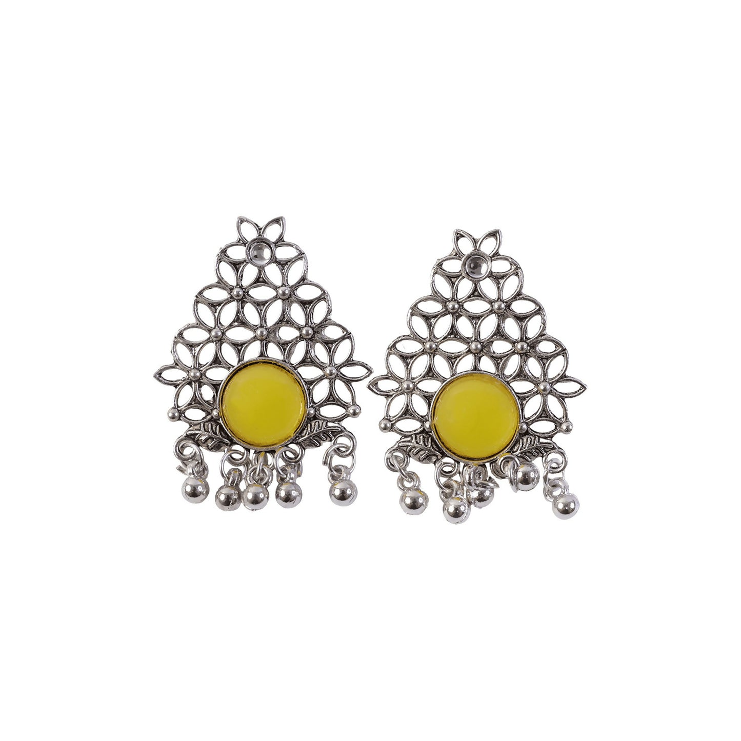 Oxidized silver earrings showcased on white background