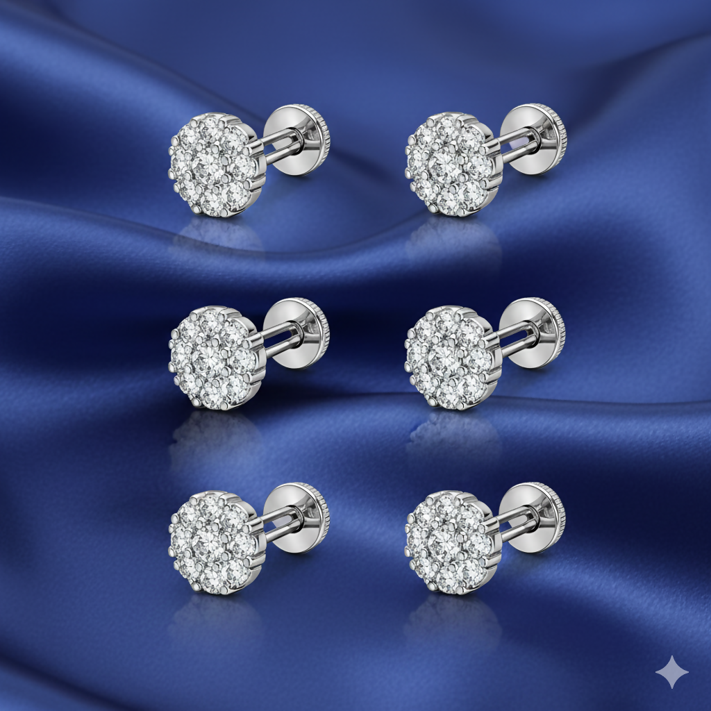 Close-up of silver plated crystal cluster studs showing sparkling crystals in flat back design