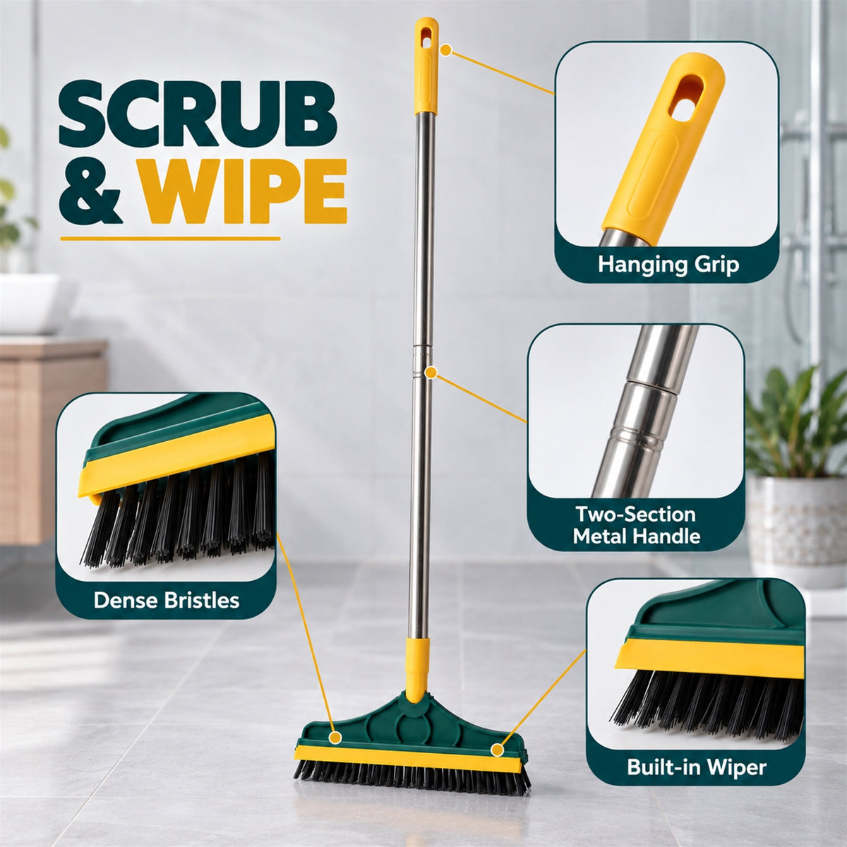 A green and yellow floor brush with a metal handle stands upright, with insets showing its hanging grip, two-section handle,