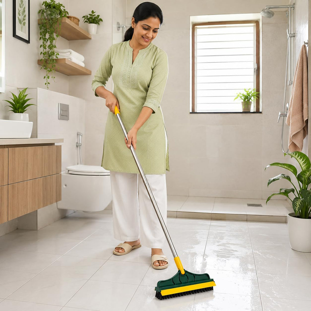 A woman in a light green tunic and white pants wipes a wet white tiled bathroom floor with a green and yellow brush.