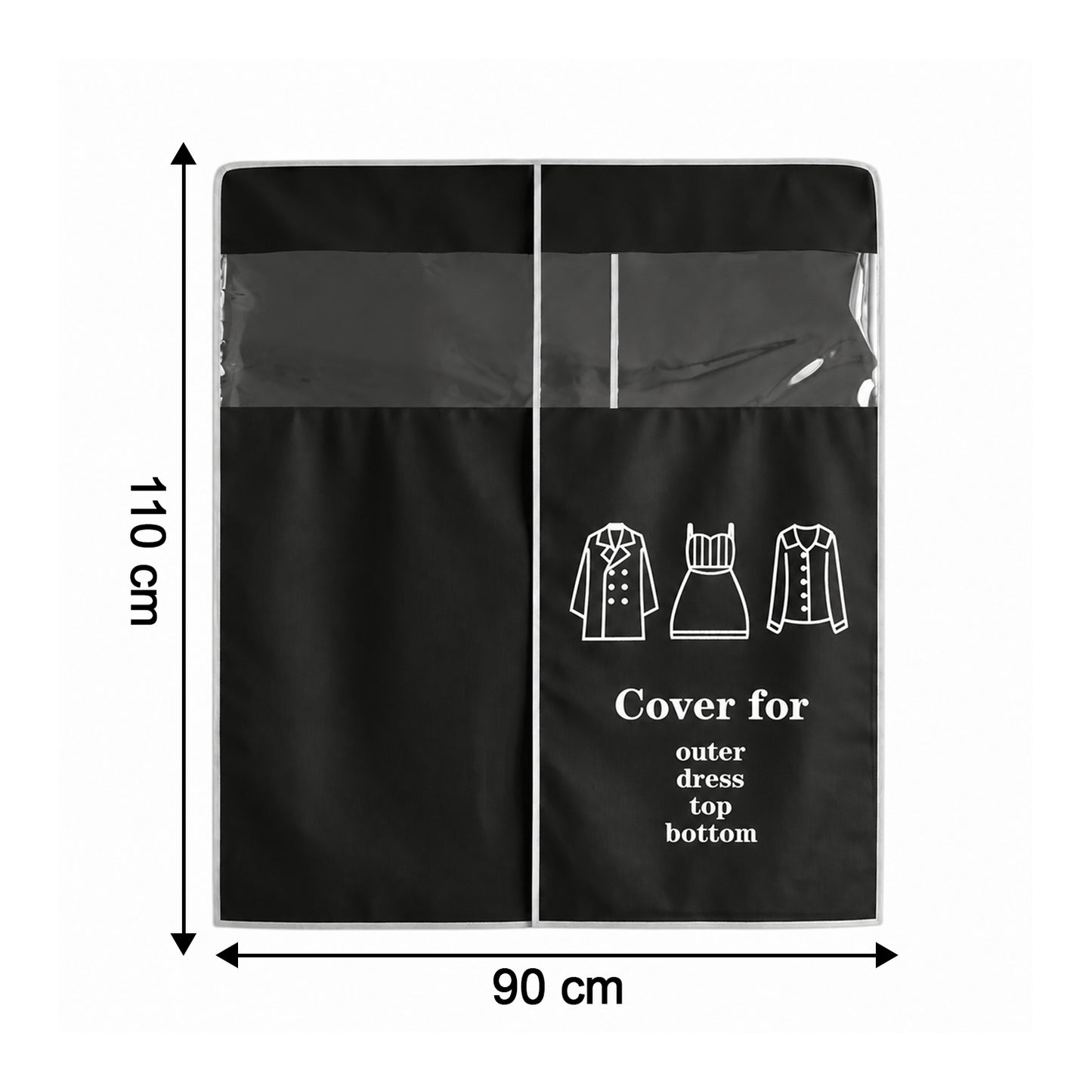 Clothes hanging inside a dust cover on a rack