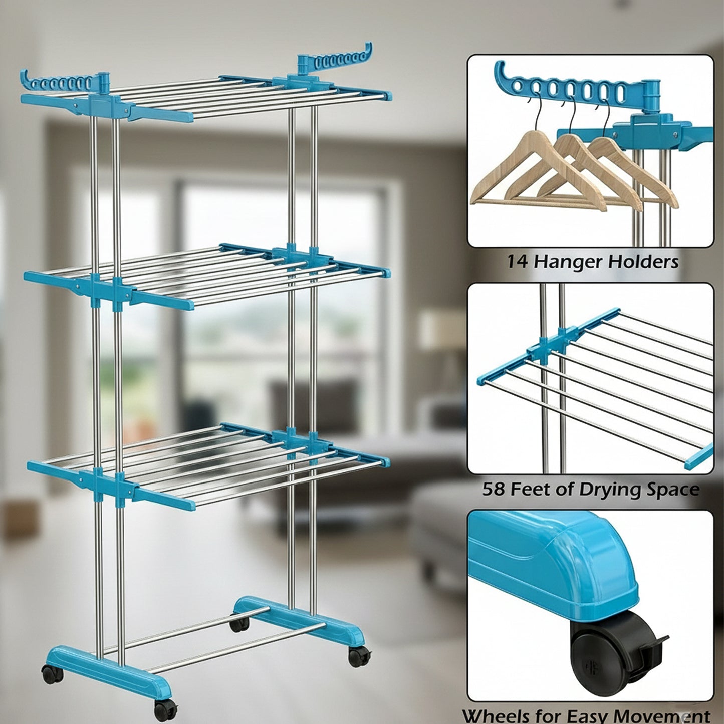 Foldable Cloth Drying Stand with Wheels | Multi-Layer Heavy Duty Clothes Rack for Indoor & Outdoor Use