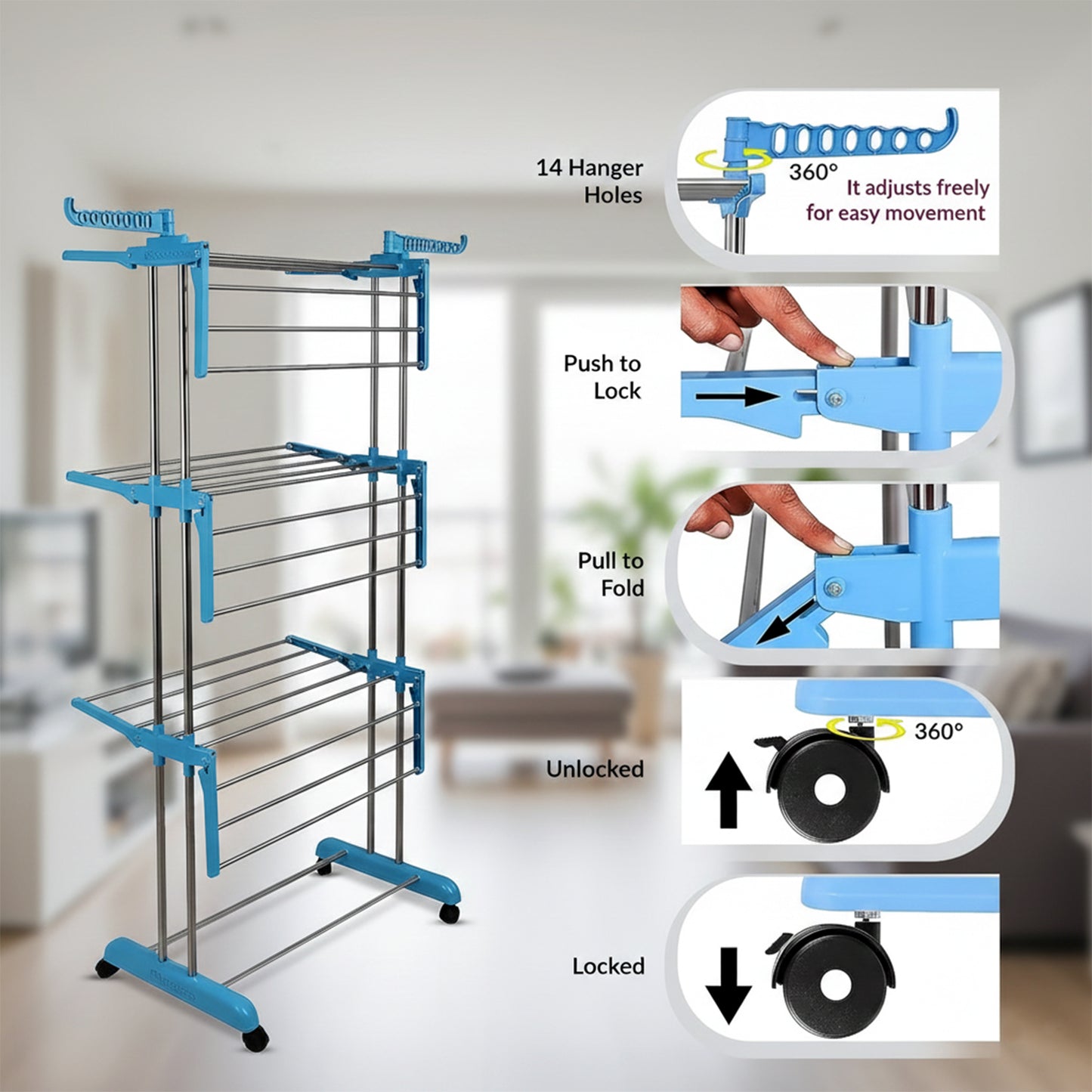 Foldable Cloth Drying Stand with Wheels | Multi-Layer Heavy Duty Clothes Rack for Indoor & Outdoor Use
