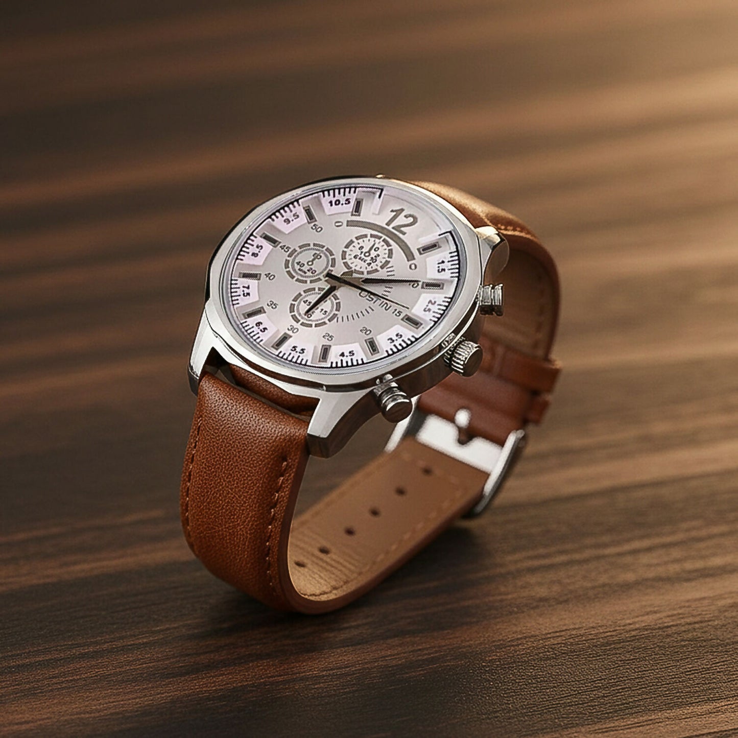 Men’s Analog Wrist Watch with Brown Strap and White Dial for Daily & Office Use