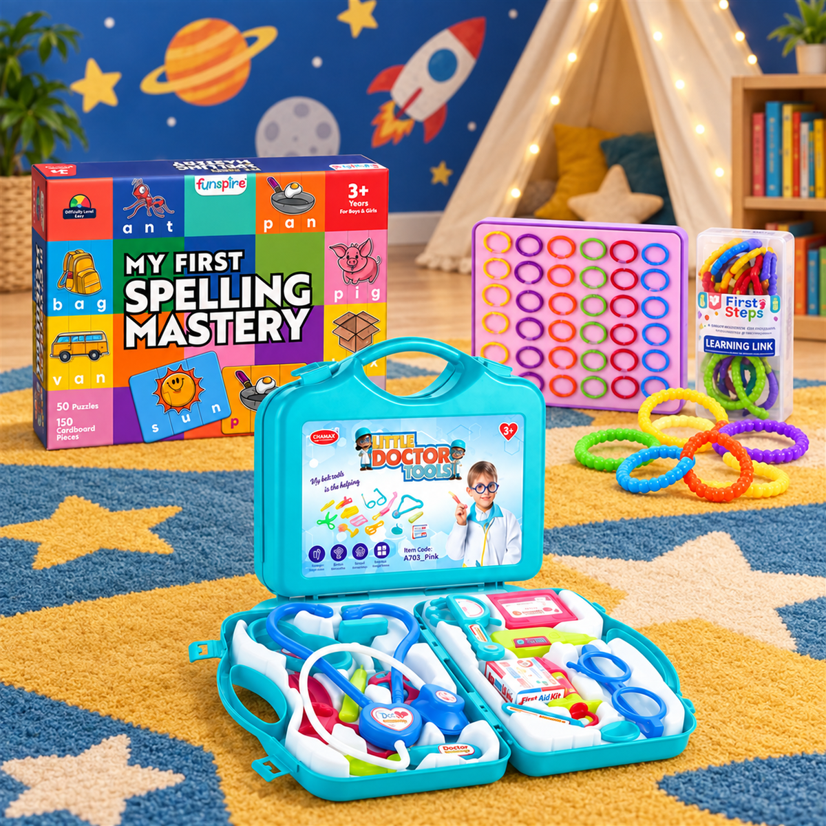Kids Educational Learning Combo – Spelling Puzzle, Doctor Play Set & Colourful Linking Rings