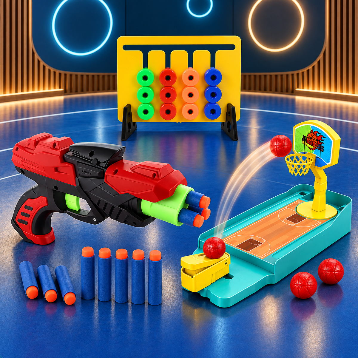 Kids Indoor Game Combo – Foam Dart Blaster, Mini Basketball Game & Counting Frame Set