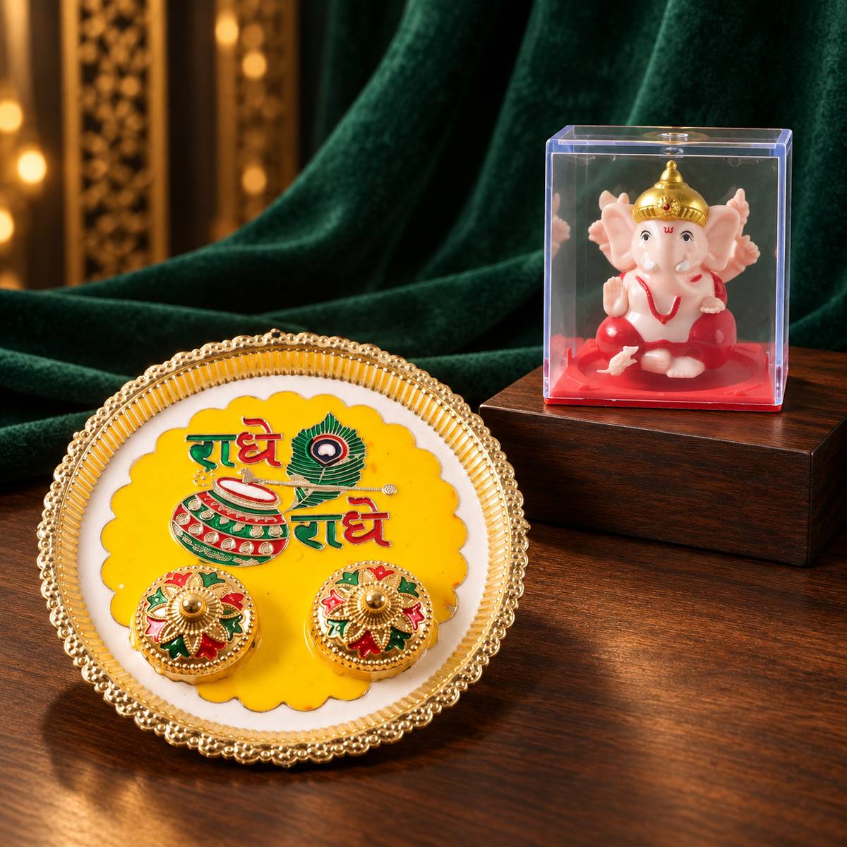 Radhe Radhe Decorative Pooja Thali with Ganesha Idol Gift Set