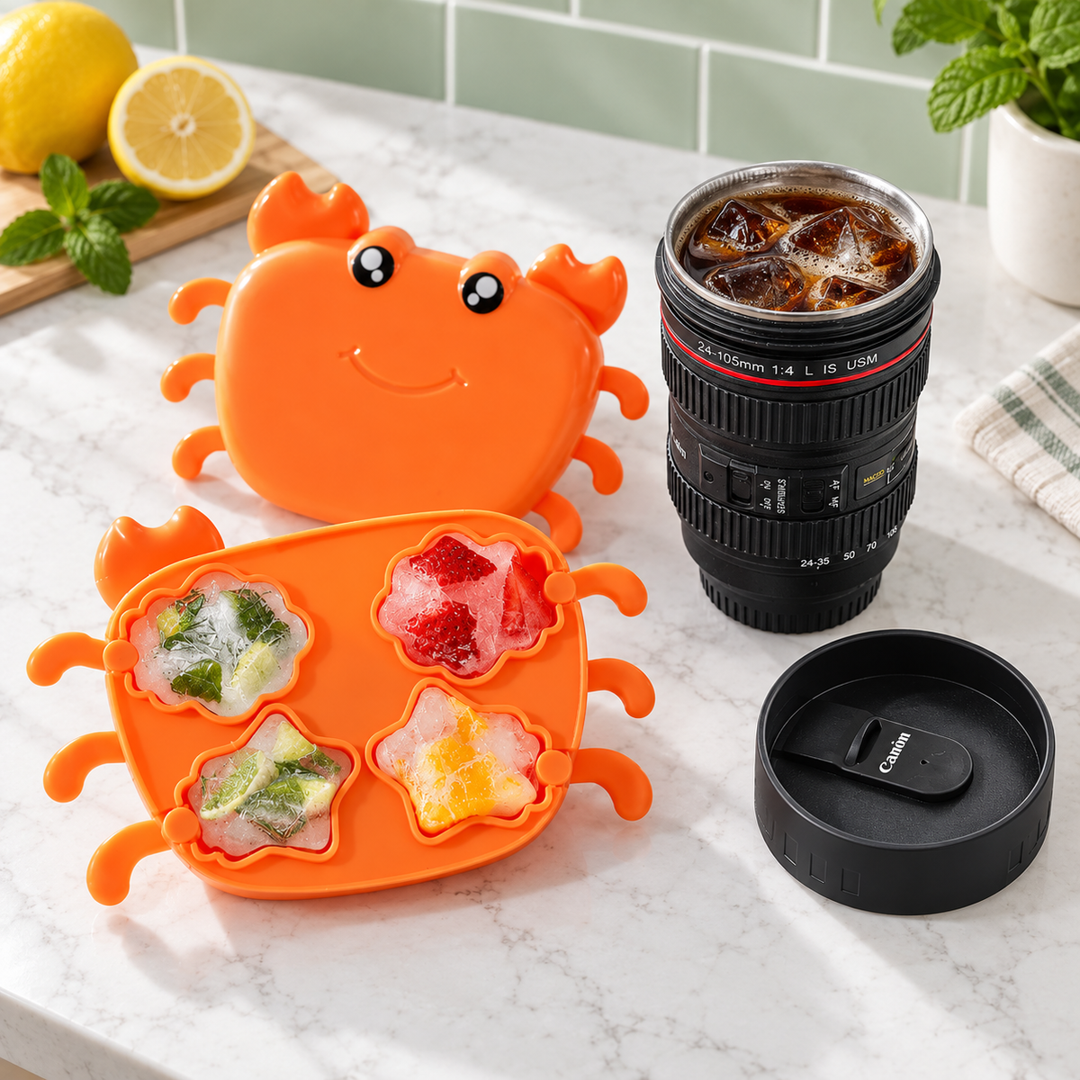 Cute Crab Ice Cube Tray & Camera Lens Design Coffee Mug Combo