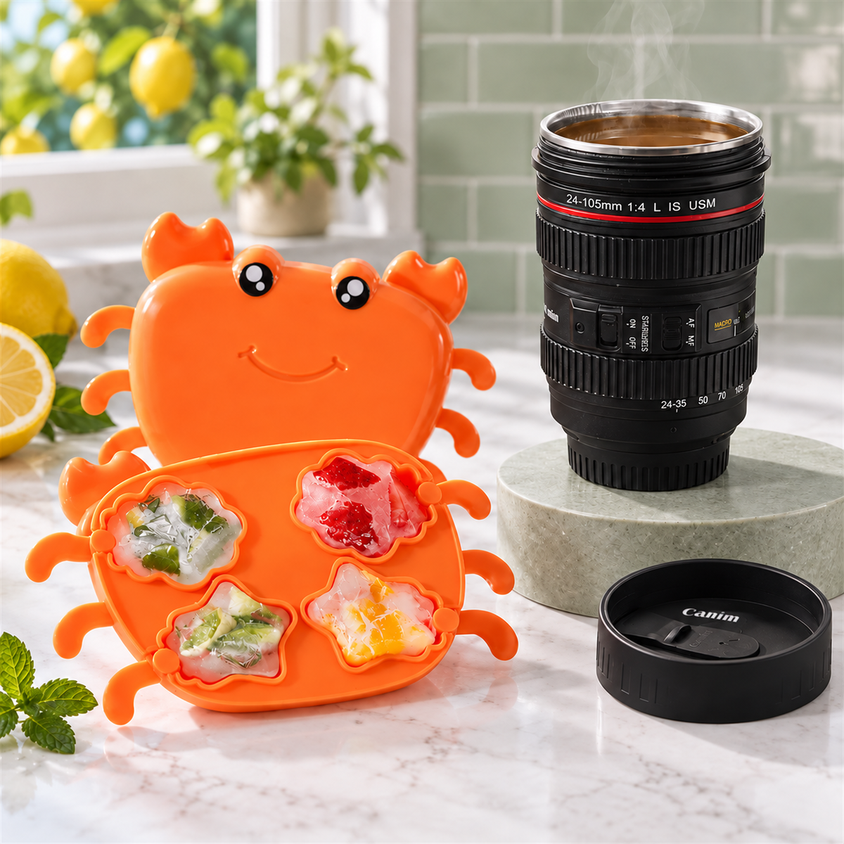 Cute Crab Ice Cube Tray & Camera Lens Design Coffee Mug Combo