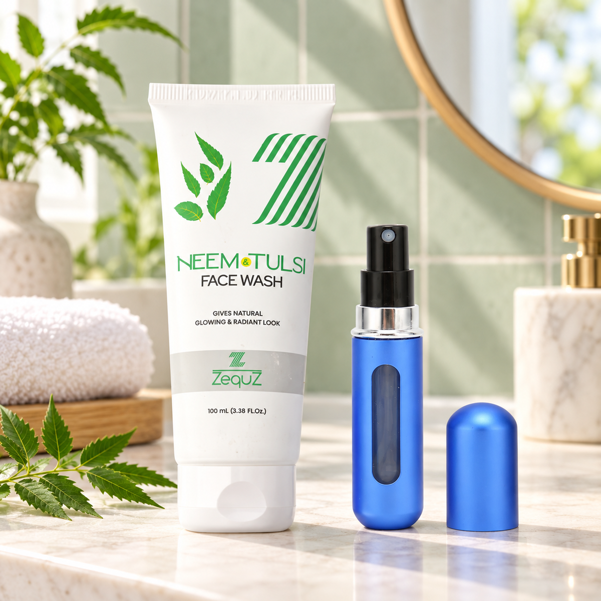 Neem & Tulsi Face Wash with Refillable Travel Perfume Spray Bottle Combo