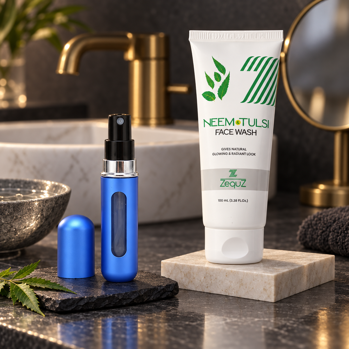 Neem & Tulsi Face Wash with Refillable Travel Perfume Spray Bottle Combo