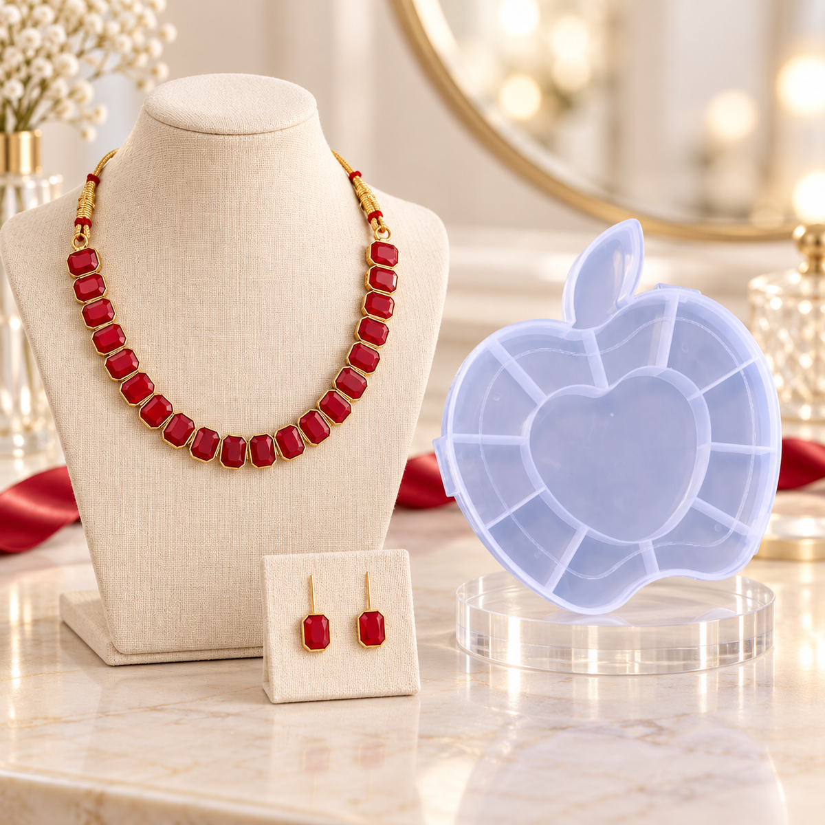 Red Stone Necklace & Earring Set with Apple Shape Jewellery Organiser Box