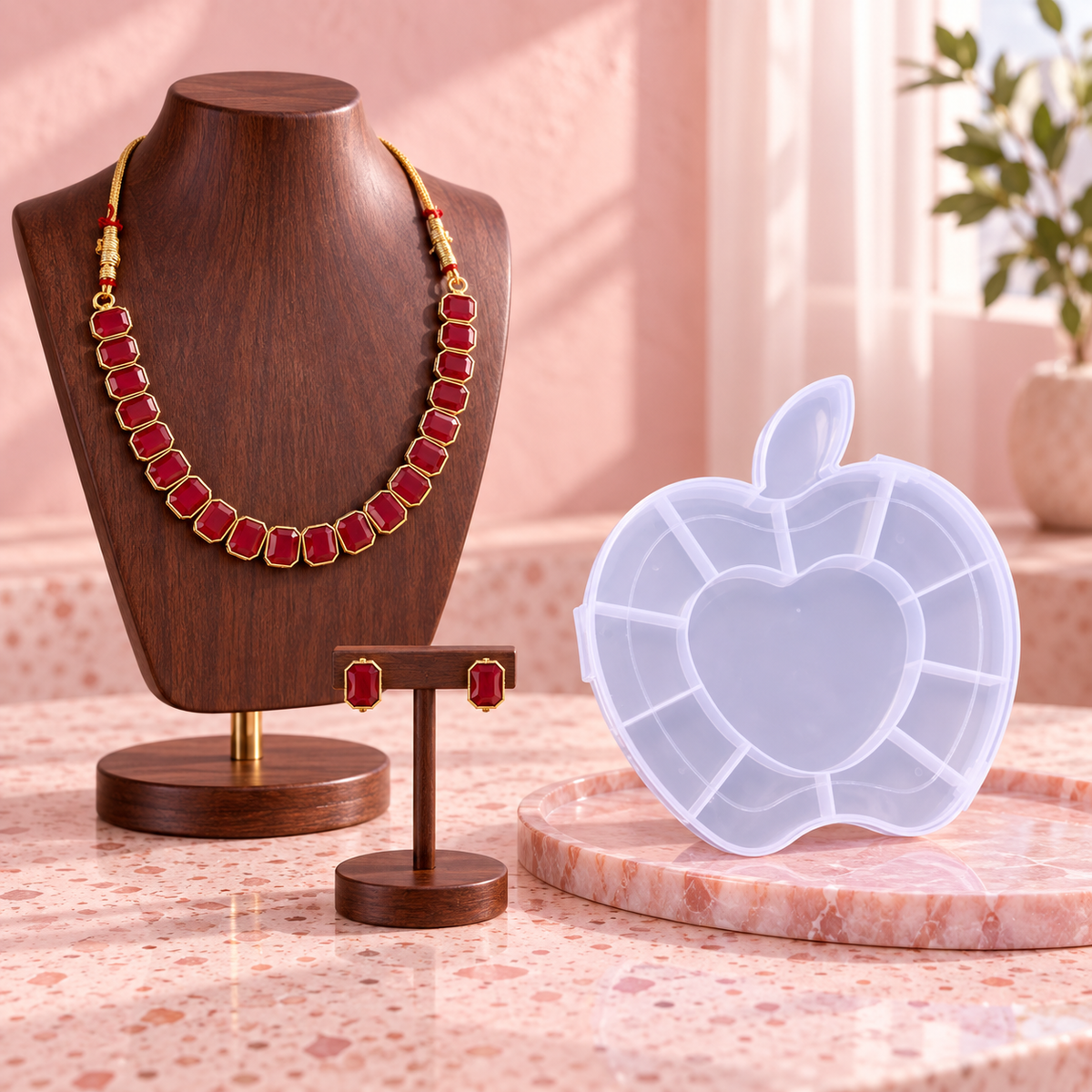 Red Stone Necklace & Earring Set with Apple Shape Jewellery Organiser Box