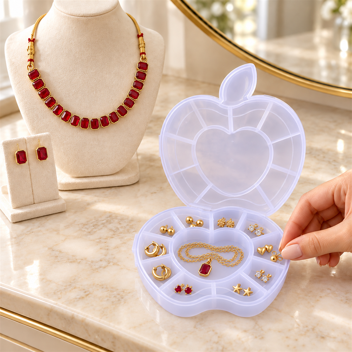 Red Stone Necklace & Earring Set with Apple Shape Jewellery Organiser Box