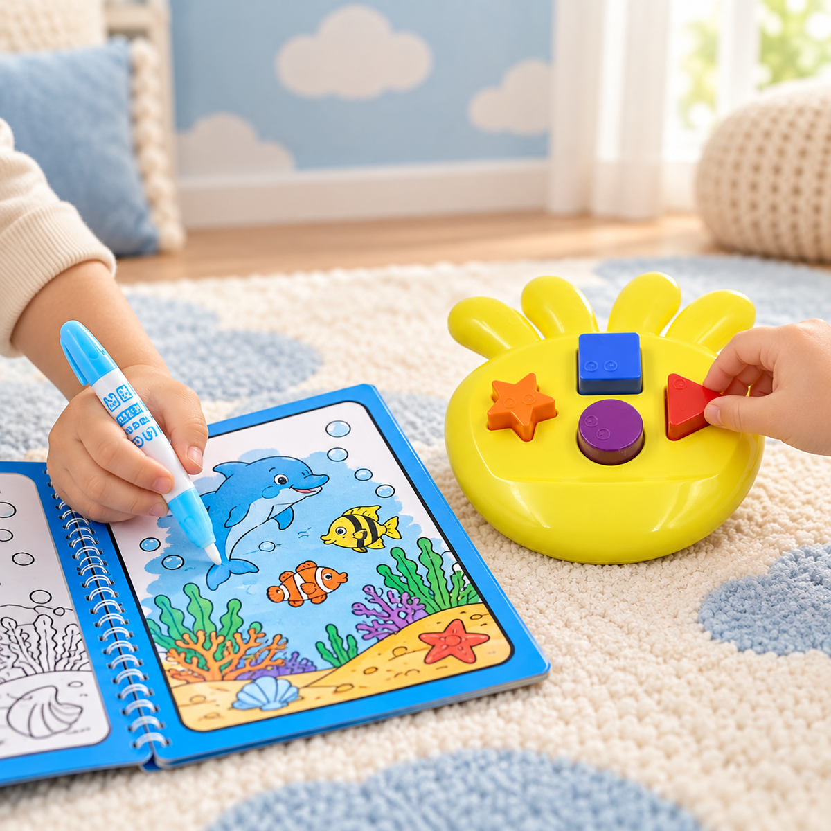 Kids Learning Combo – Magic Water Colouring Book & Flower Shape Sorter Toy