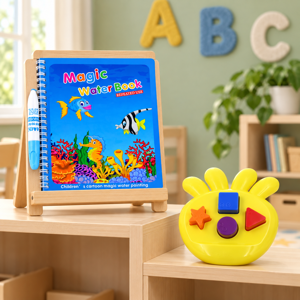 Kids Learning Combo – Magic Water Colouring Book & Flower Shape Sorter Toy