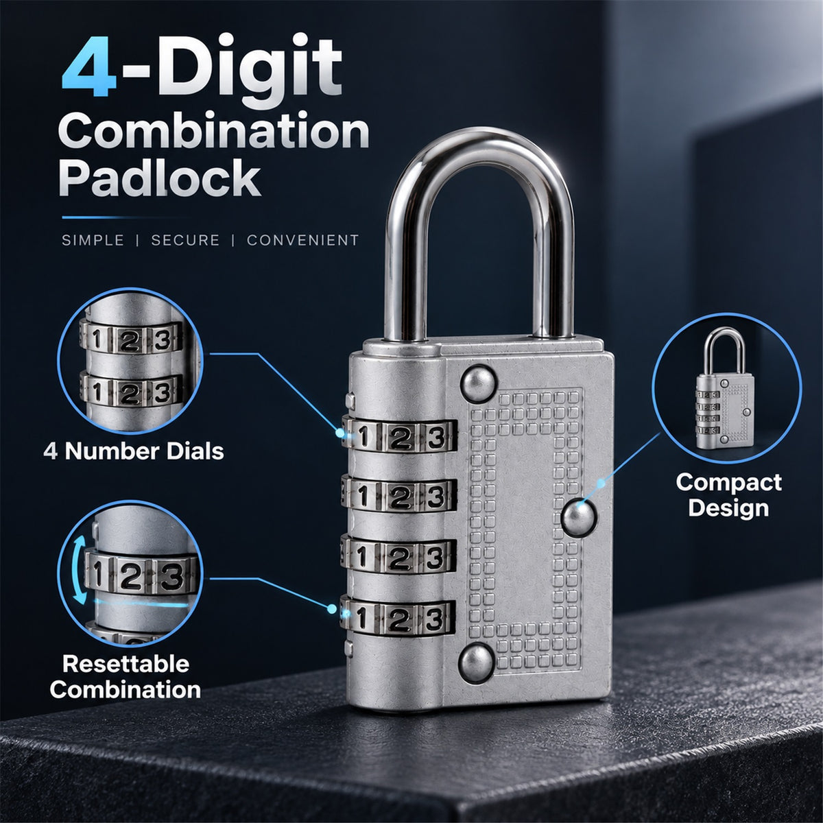 4 Digit Combination Padlock Resettable Number Lock for Luggage and...