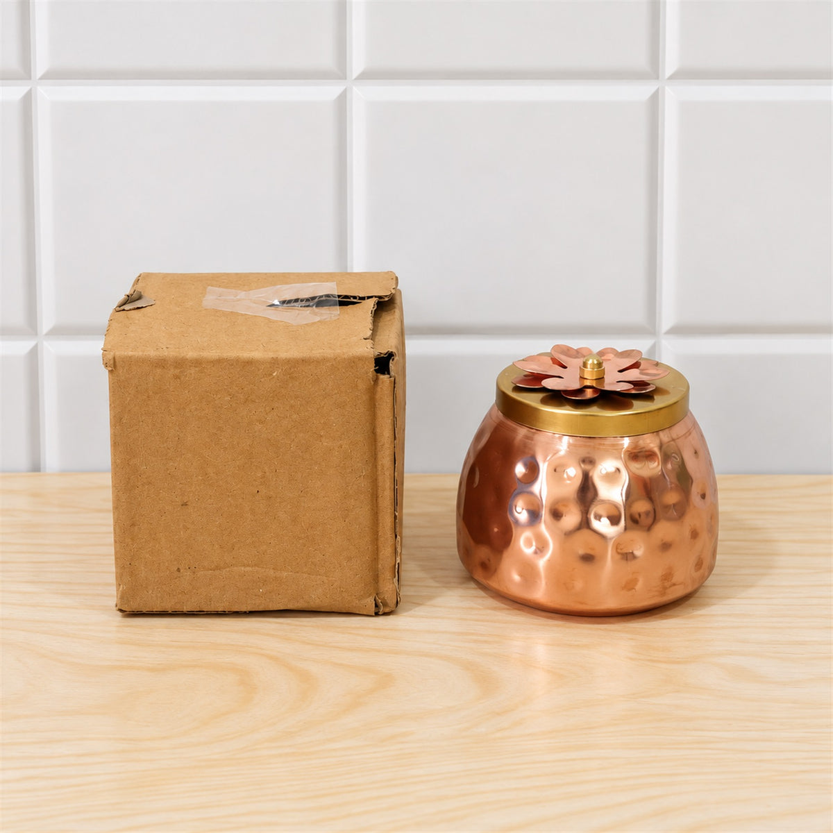Copper Finish Storage Jar with Flower Lid for Dry Fruits and Home Decor (1 Pc)