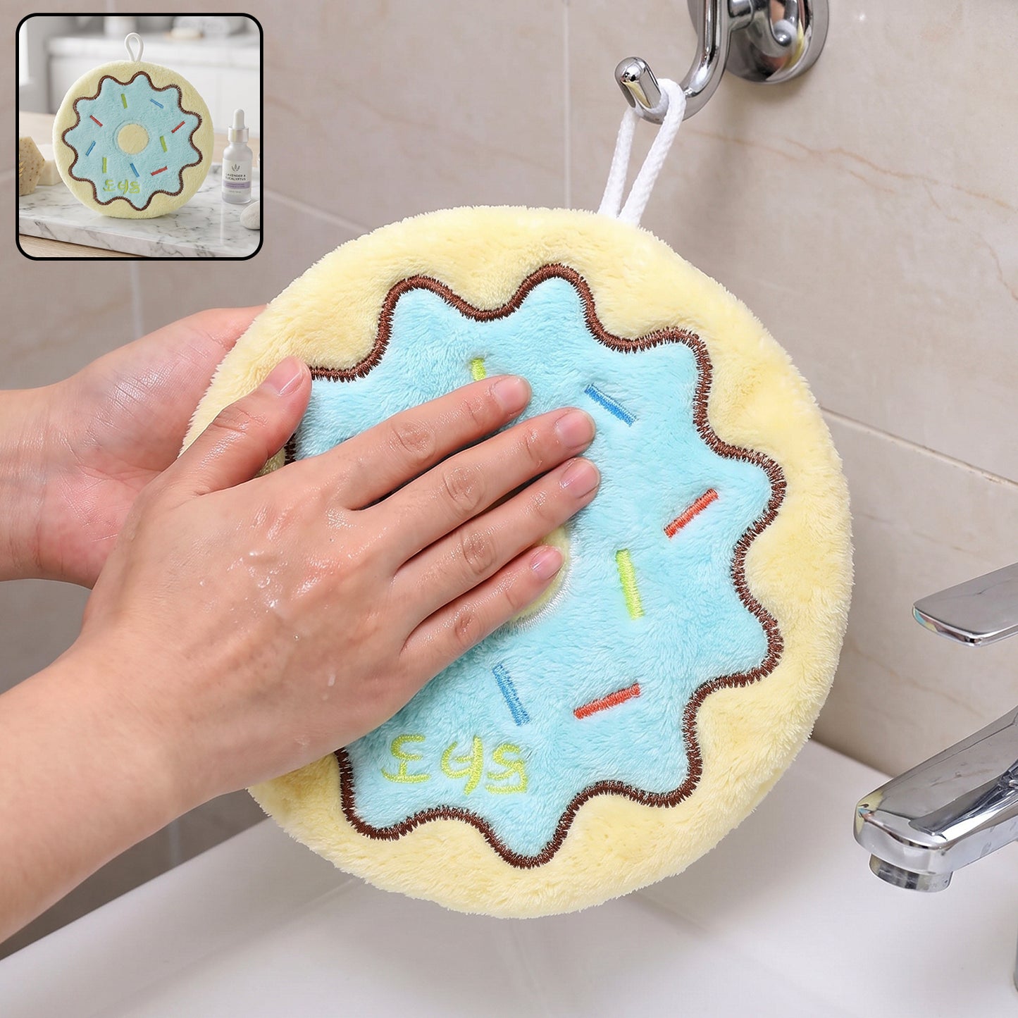Cartoon Donut Microfiber Hanging Hand Towel Quick Dry Kitchen Cloth (1 Pc)