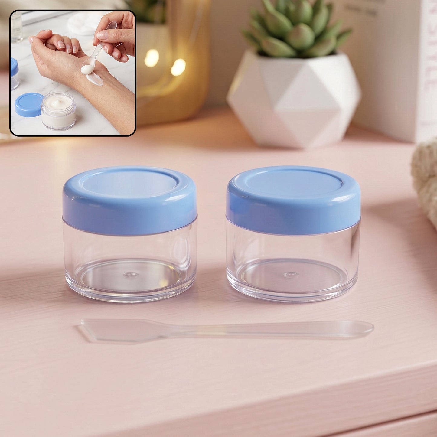 Empty Plastic Cosmetic Cream Jar Set with Spatula for Cream and Balm (2 Pc)