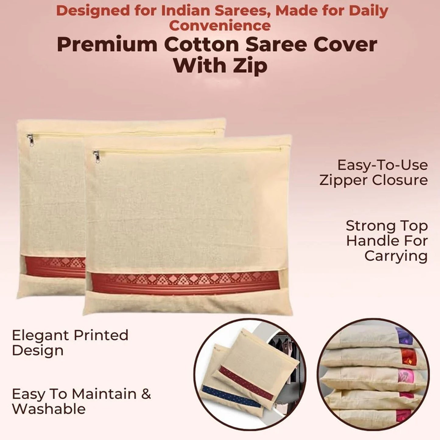 Zip Closure Saree Storage Bag (14.5×16.5 Cm, 1 Pc)