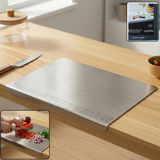 Durable stainless steel chopping board on countertop