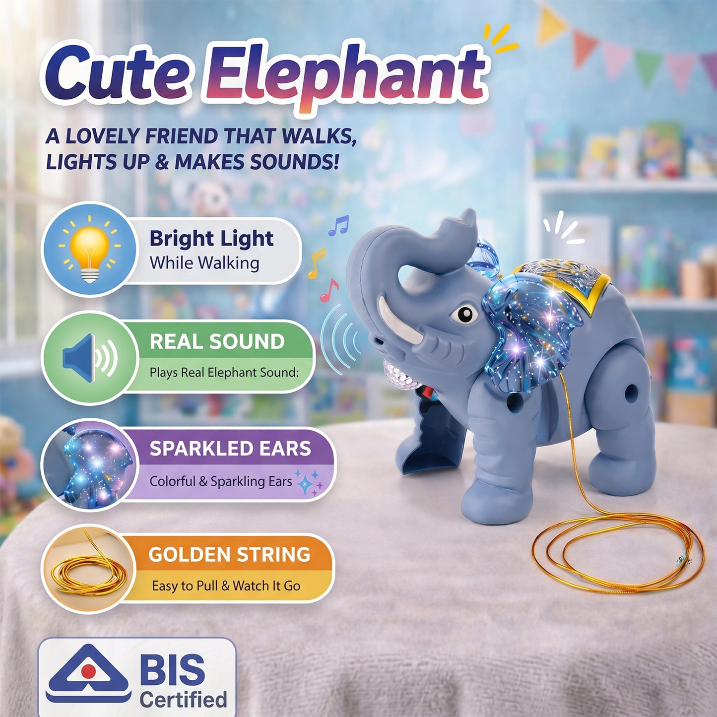 Side view of Light-Up Elephant Pull Toy showing glowing ears
