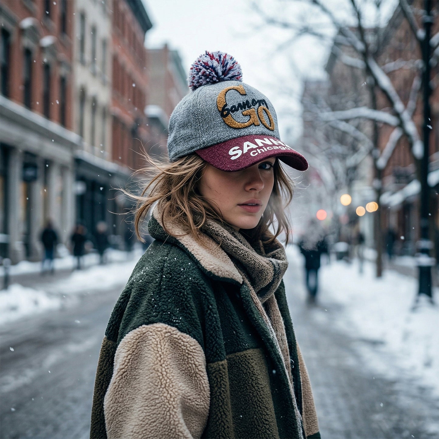 Winter woolen baseball cap with pom pom