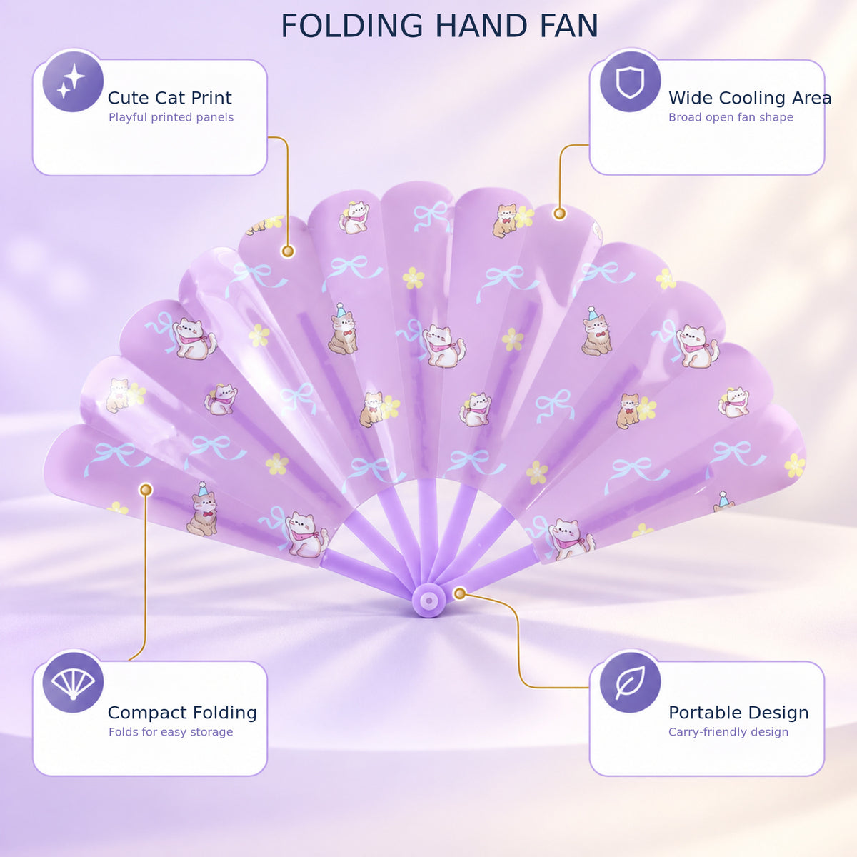 A purple folding hand fan with cat and bow prints is displayed with text highlighting its features.
