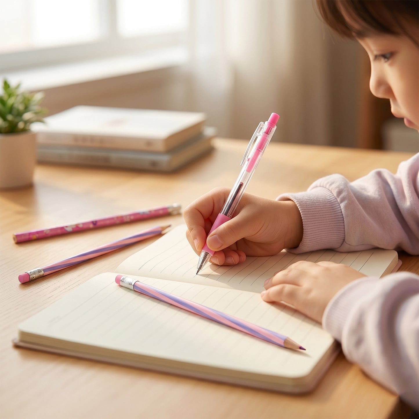 Close-up of stationery items with cute characters