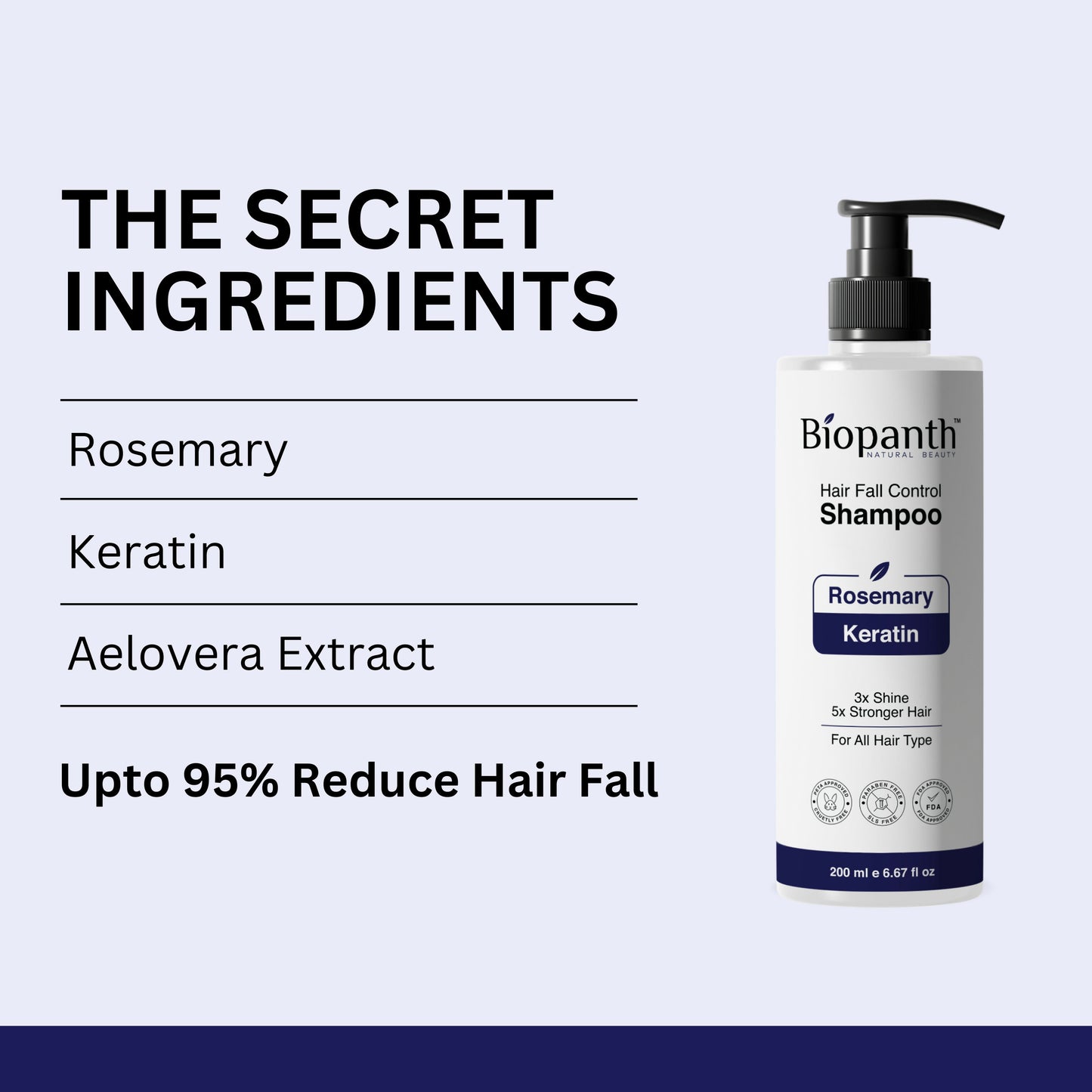 Close-up of the shampoo bottle with rosemary and keratin ingredients
