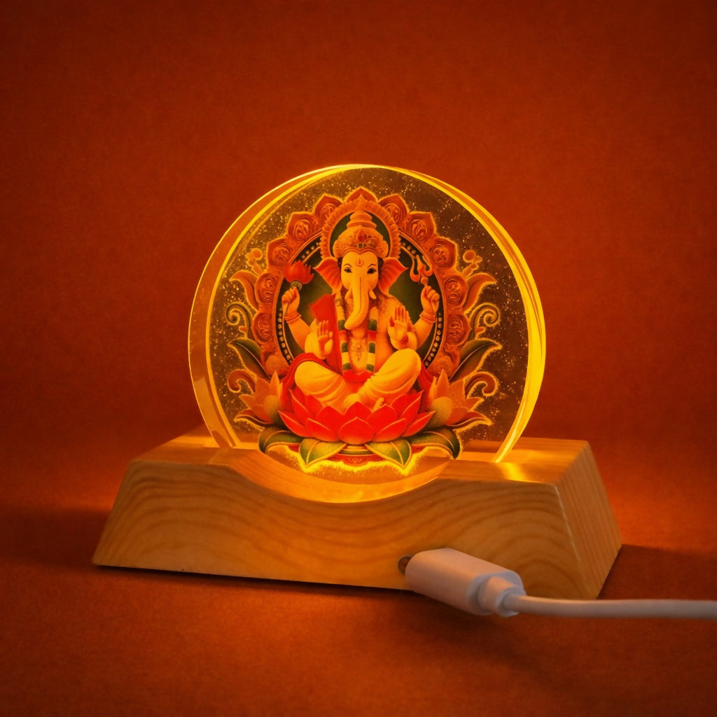 LED Lord Ganesha Acrylic Lamp with Wooden Base Spiritual Decor