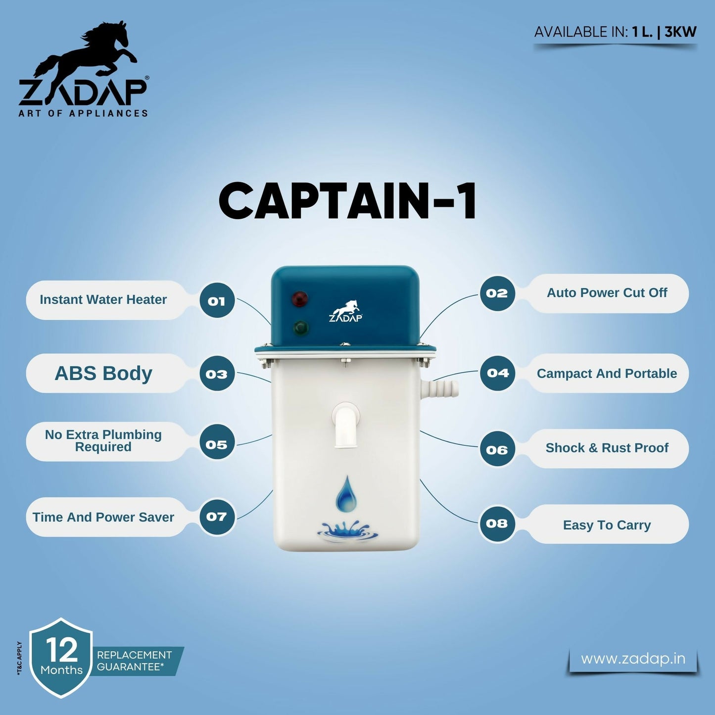 ZADAP Portable 3kW Instant Water Heater - Fast & Safe