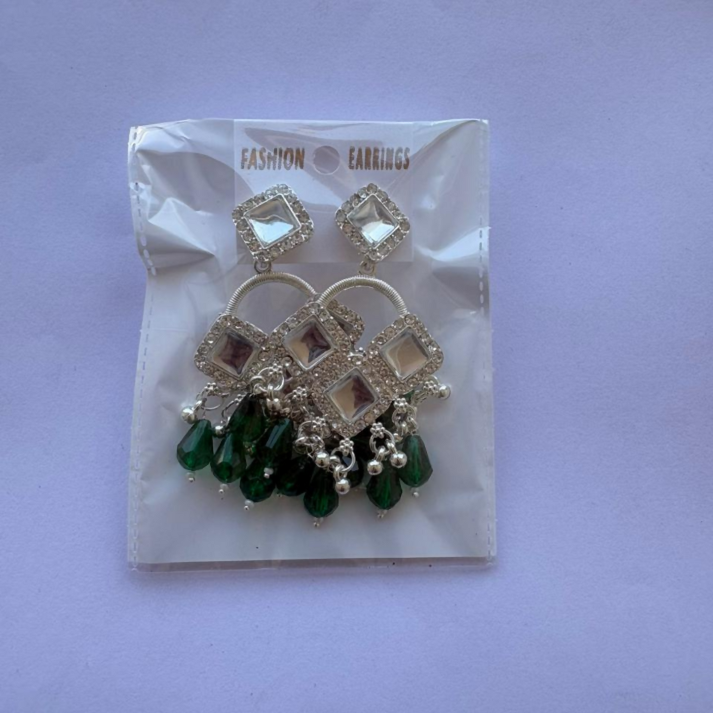 Elegant Silver Plated Chandelier Earrings Featuring Square Crystals and Green Teardrop Beads