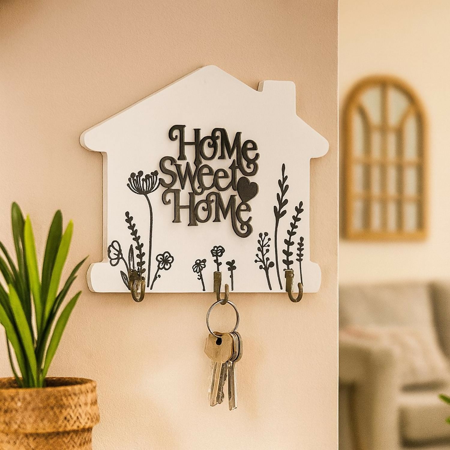 Wooden Wall Mounted Key Holder | Decorative House Shaped Key Hanger with “Home Sweet Home” Design | 3 Metal Hooks for Keys, Jewelry & Accessories | Rustic Modern Wall Décor for Home, Entryway & Living Room