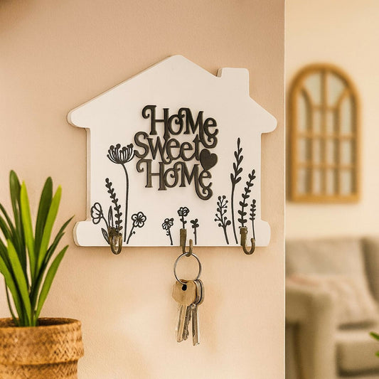 Wooden Wall Mounted Key Holder | Decorative House Shaped Key Hanger with “Home Sweet Home” Design | 3 Metal Hooks for Keys, Jewelry & Accessories | Rustic Modern Wall Décor for Home, Entryway & Living Room
