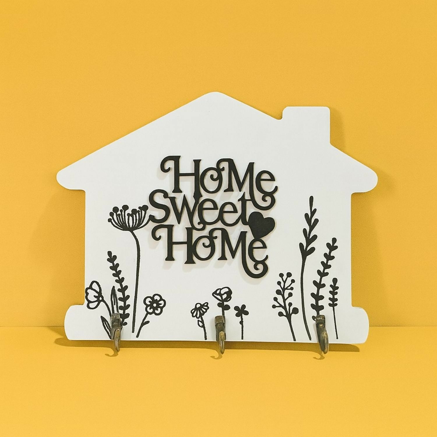Wooden Wall Mounted Key Holder | Decorative House Shaped Key Hanger with “Home Sweet Home” Design | 3 Metal Hooks for Keys, Jewelry & Accessories | Rustic Modern Wall Décor for Home, Entryway & Living Room
