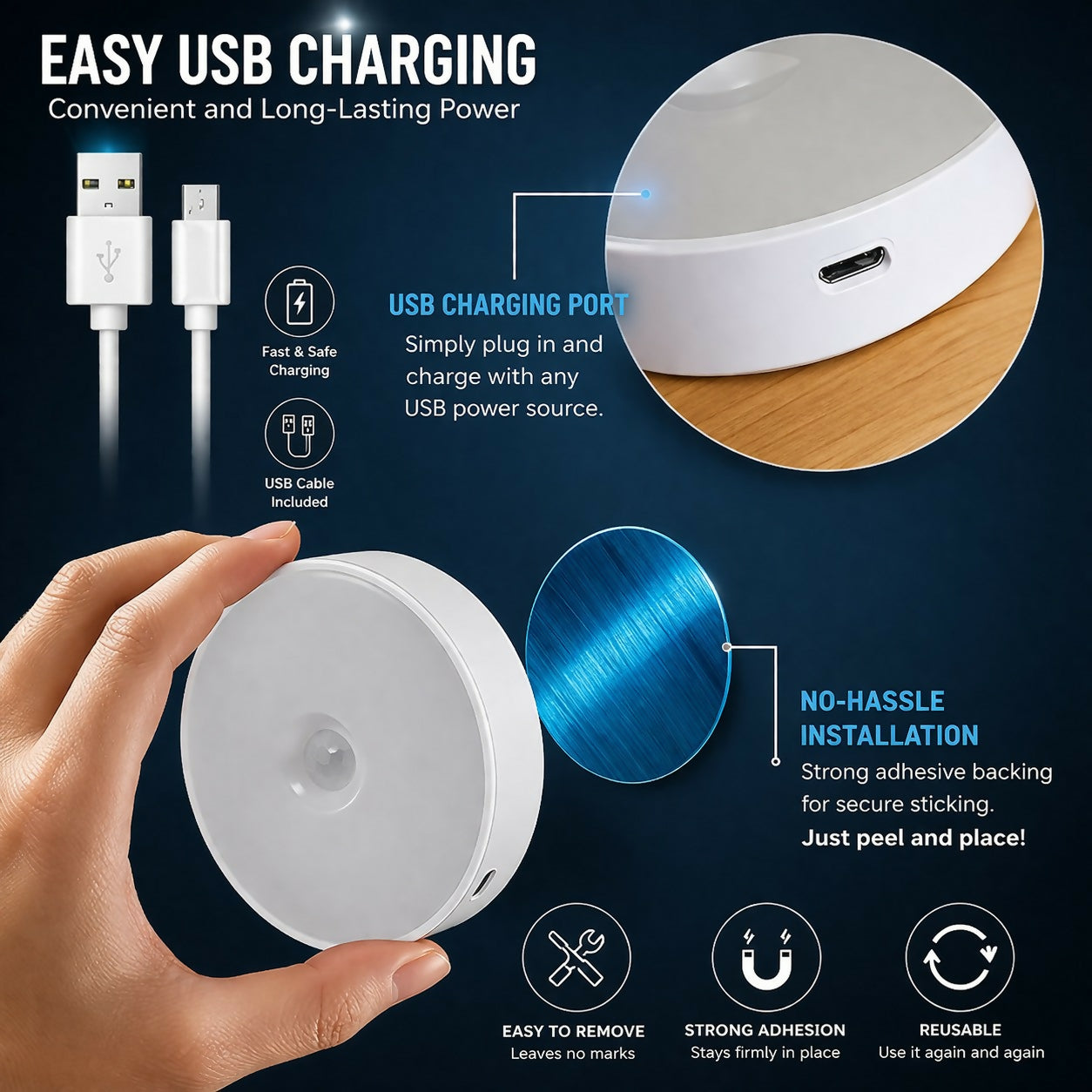 Motion Sensor LED Night Light Rechargeable Wall Lamp