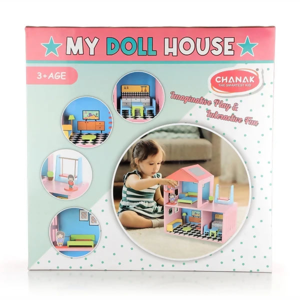 My Wooden Doll House Set for Girls with 4 Rooms (Multicolor)