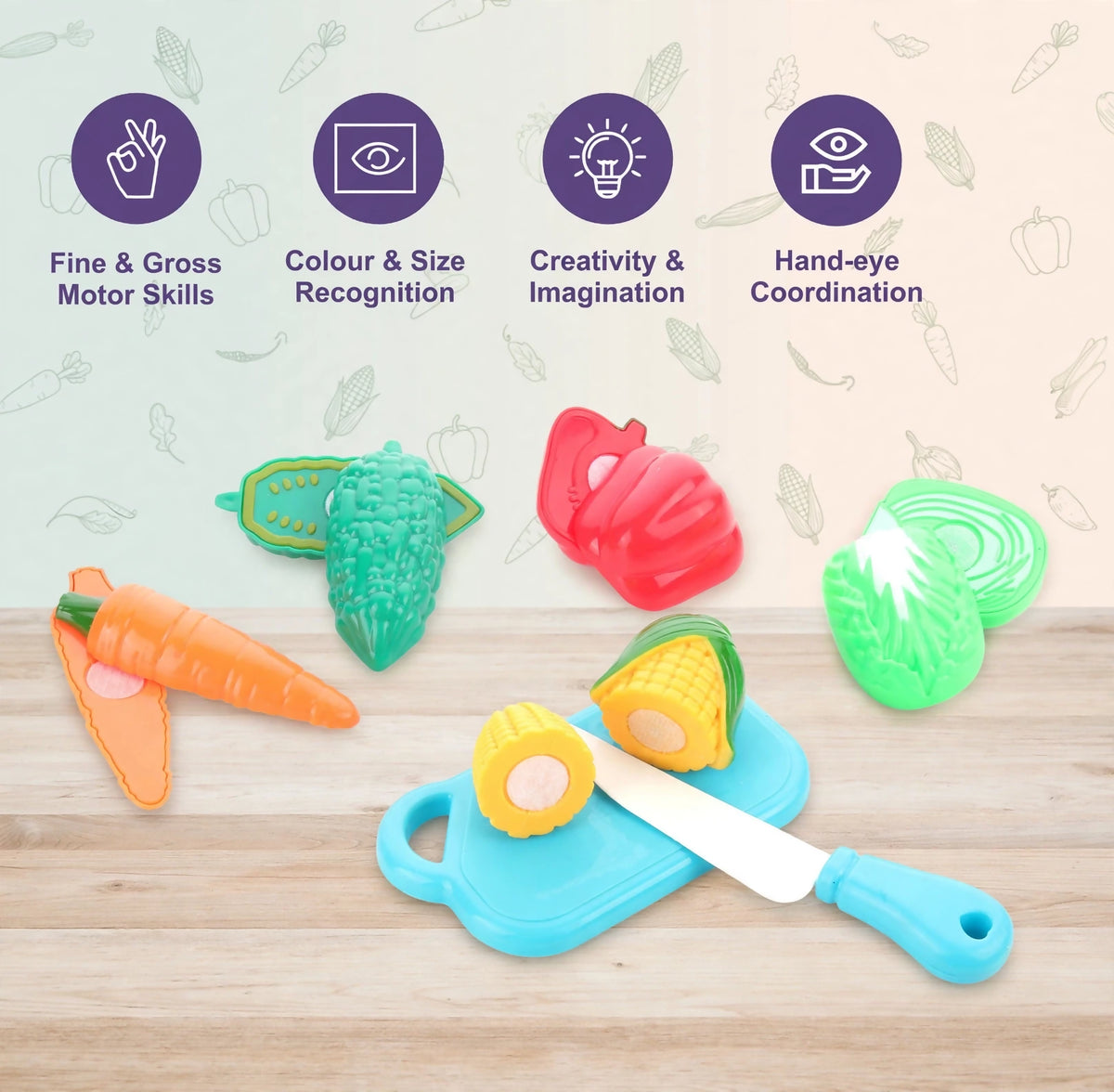 Various plastic vegetables, a blue chopping board, and a white knife are arranged on a wooden table with skill icons above.