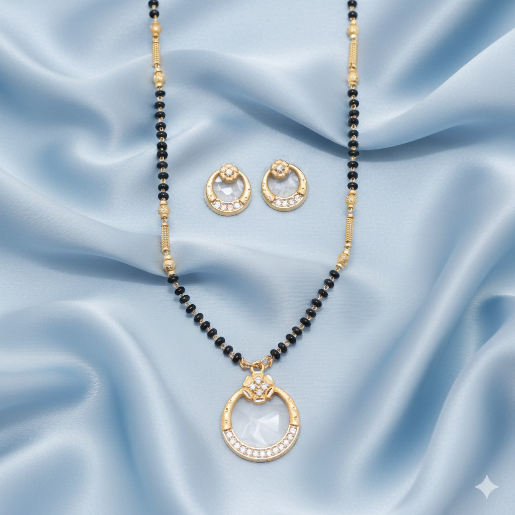 Gold-Plated AD Circular Crystal Mangalsutra & Earring Set for women