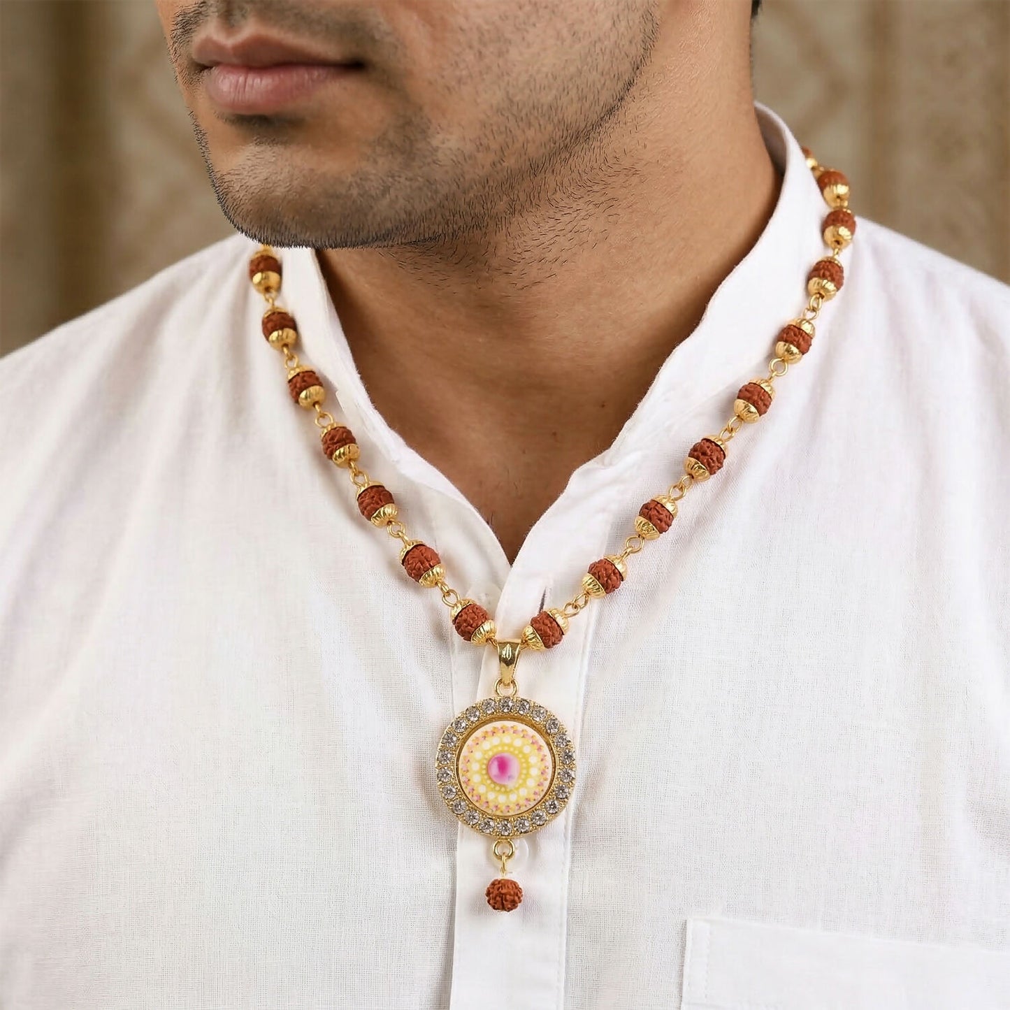 Front view of Rudraksha gold necklace showcasing pendant