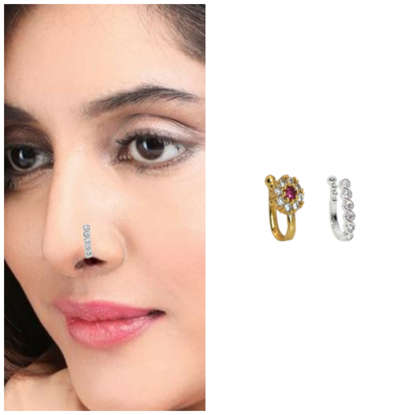 No Piercing CZ Stone Nath Clip-On Nose Ring Set Combo Pack of 2