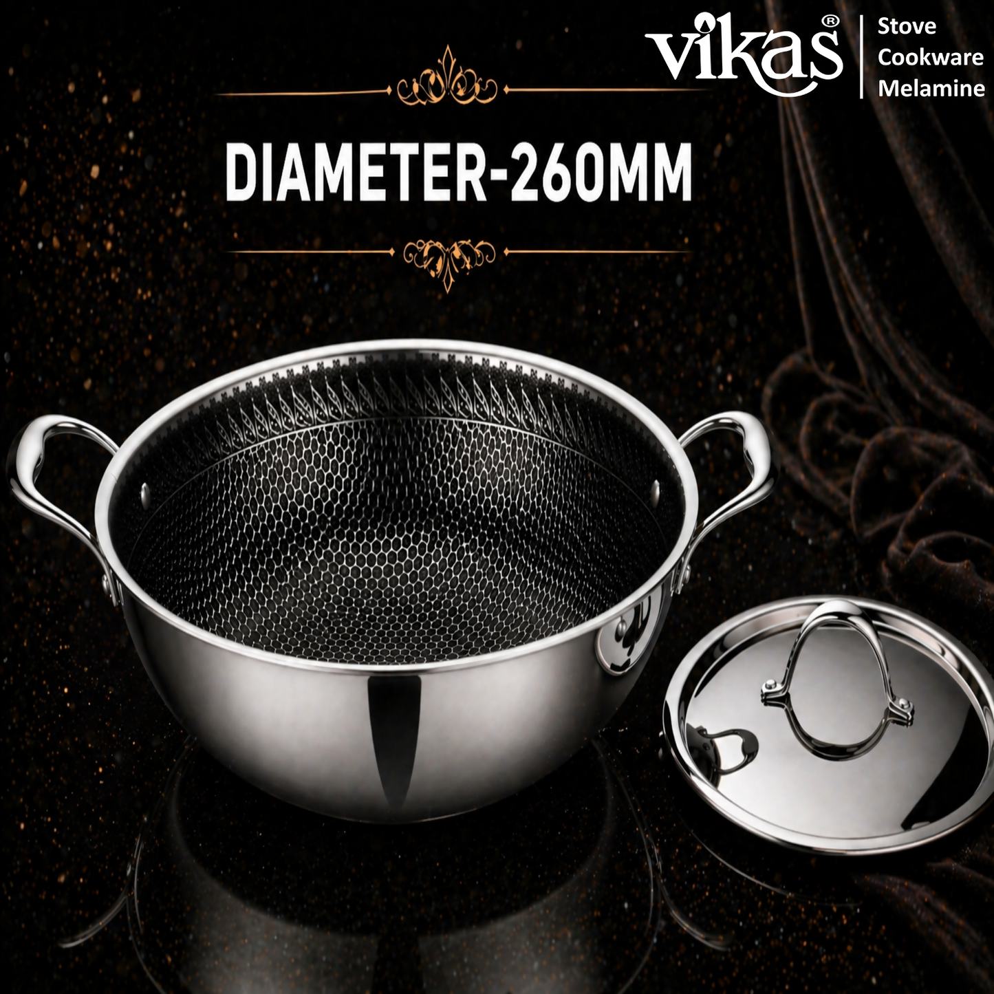 Vikas Honeycomb Kadai 260mm showing hollow cast steel handles