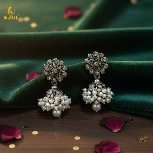 Oxidised silver round jhumka earrings with pearl drops