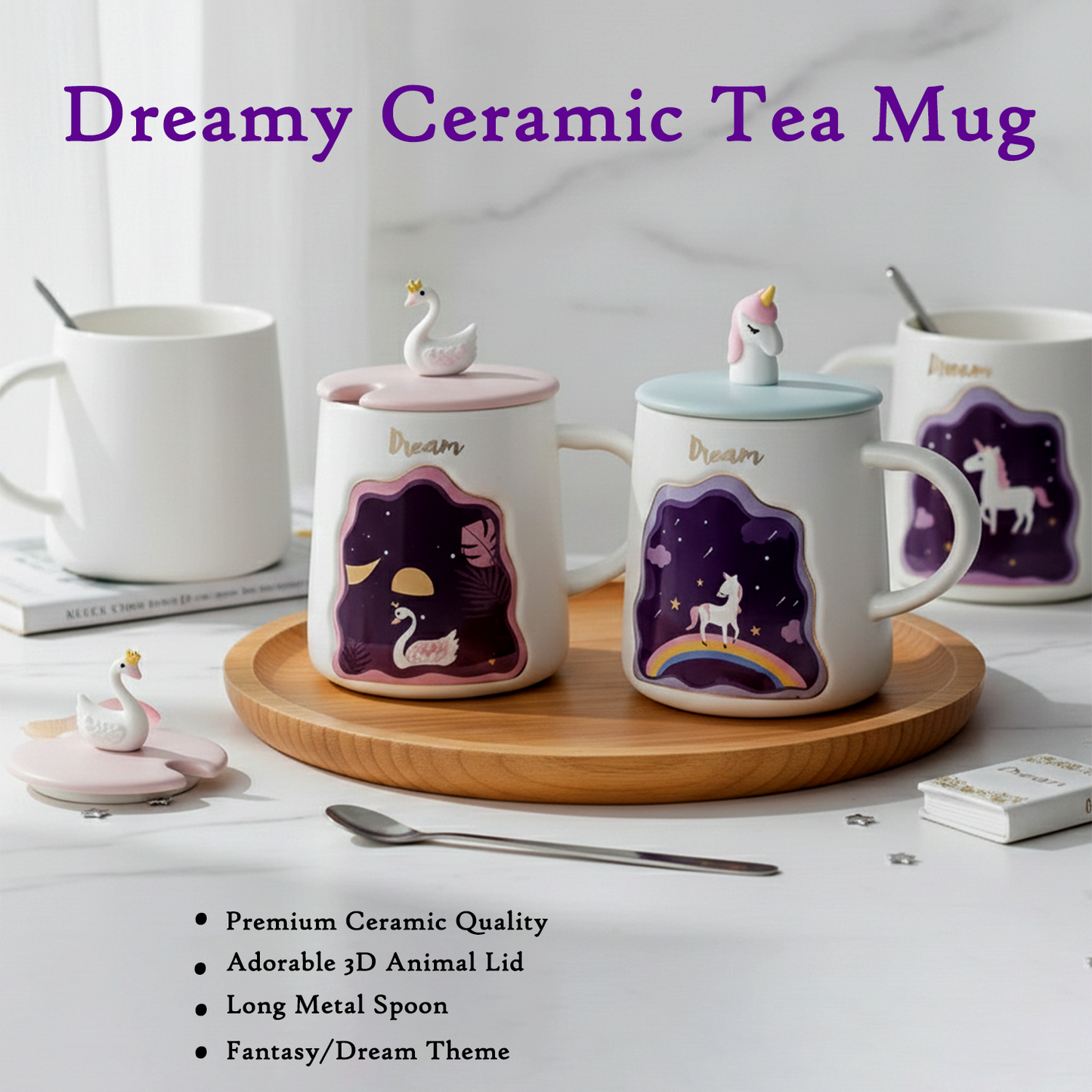 Dream Theme Ceramic Mug with Cute Animal Lid & Spoon for Tea, Coffee & Gifting(Design may vary!)