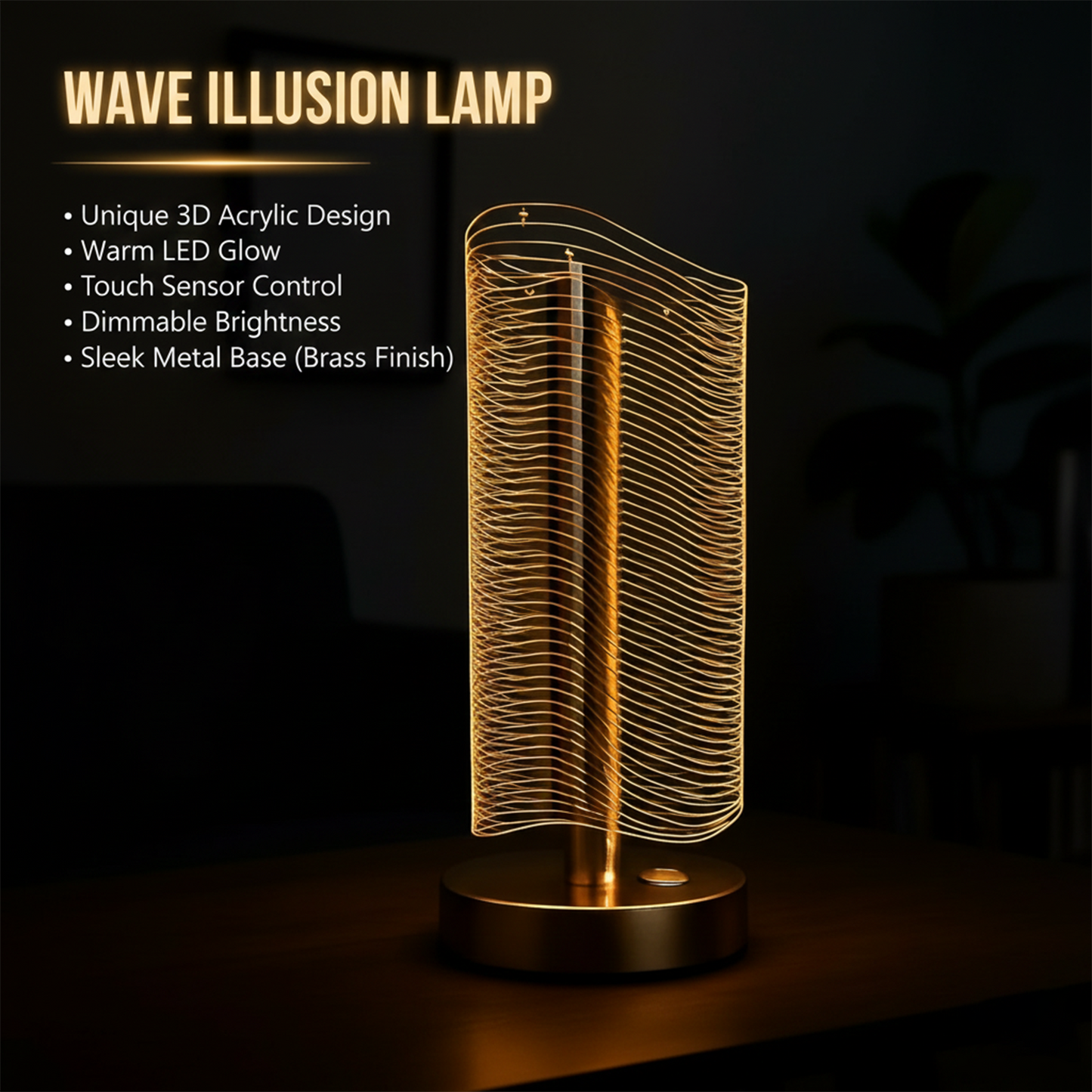 Luxury Wave Acrylic LED Table Lamp Golden for Bedroom & Living Room