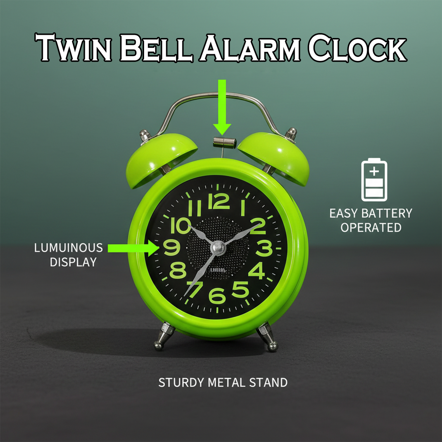 Vintage Twin Bell Analog Alarm Clock for Bedroom & Office – Green